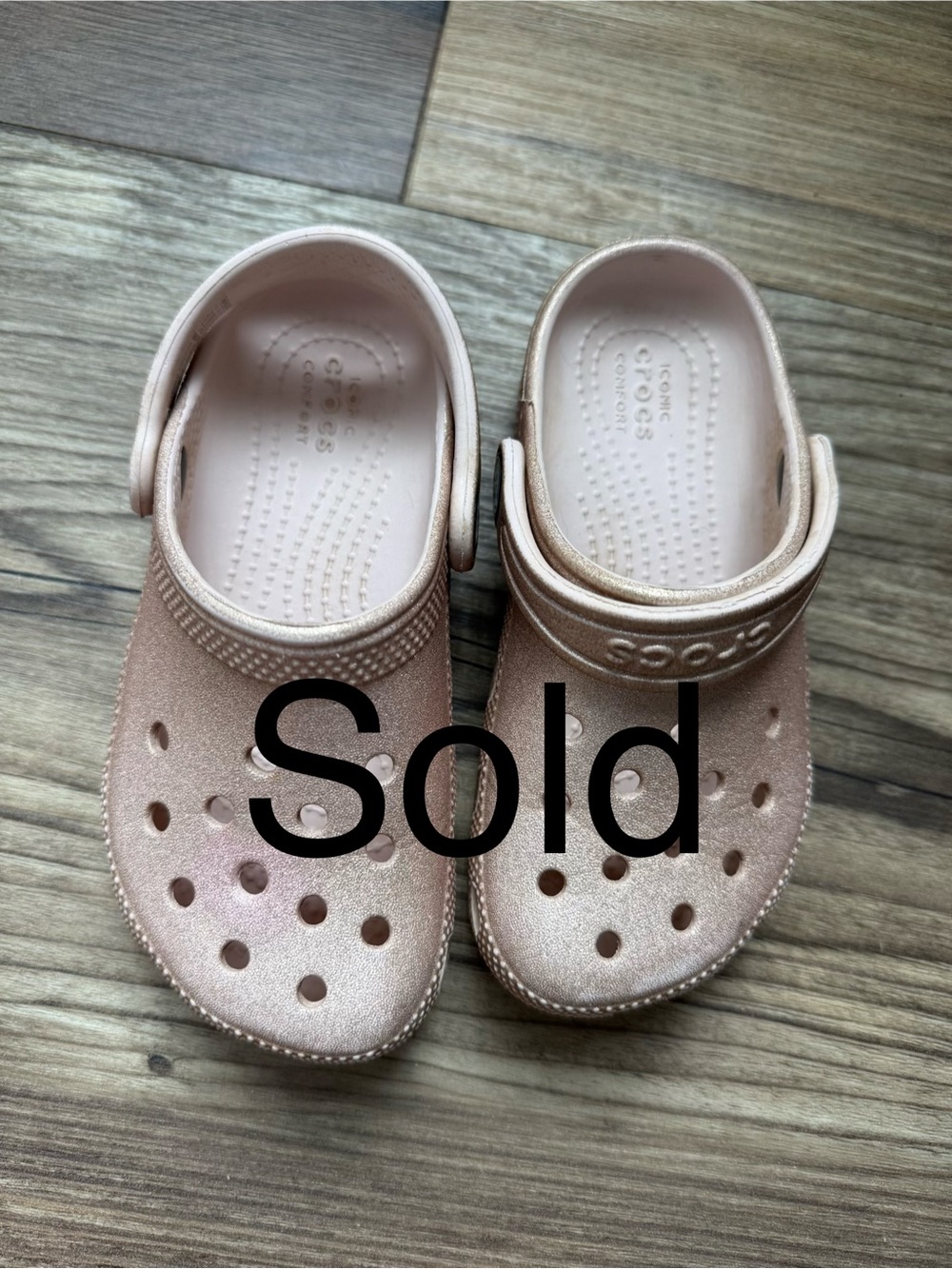 SOLD. CROCS Kids Metallic Rose Sandals - Shimmering Pink Clogs